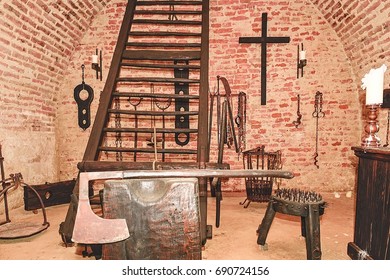 Inquisition torture chamber. Old medieval torture chamber with many pain tools.