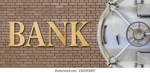 The inscription bank on the brick wall and the door of the bank vault - Shutterstock ID 2183392847