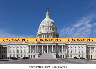 Inscription Coronavirus On A Yellow Police Tape Against The Backdrop Of The Capitol Building In Washington DC, USA. US Coronavirus Concept In Government