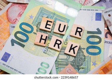 The inscription EUR HRK, i.e. the Euro to Kuna exchange rate. Croatia adopts the euro and joins the euro zone - Shutterstock ID 2239148657