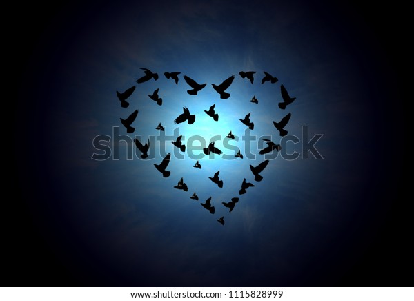 the\
inscription of the heart shape with birds in\
sky