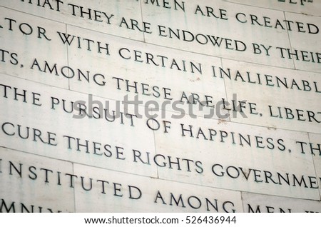 Inscription in the Jefferson Memorial in Washington DC of inalienable rights from the US Declaration of Independence