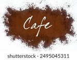 Inscription kave on the background of ground coffee, menu, assortment, cafe, restaurant. Postcard, wallpaper, frame, coffee, background, design, decor, social networks, advertising,