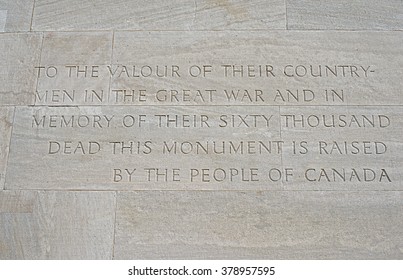 The Inscription On The Canadian National Vimy Monument In Memory Of Those Canadian Soldiers Who Gave Their Lives For Their Country During The First World War