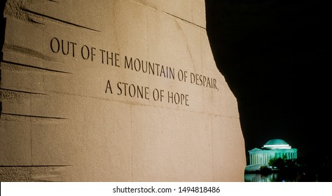 Inscription on the Martin Luther King Jr Memorial with Jefferson Memorial in Background in Washington DC. August 26, 2013 - Shutterstock ID 1494818486