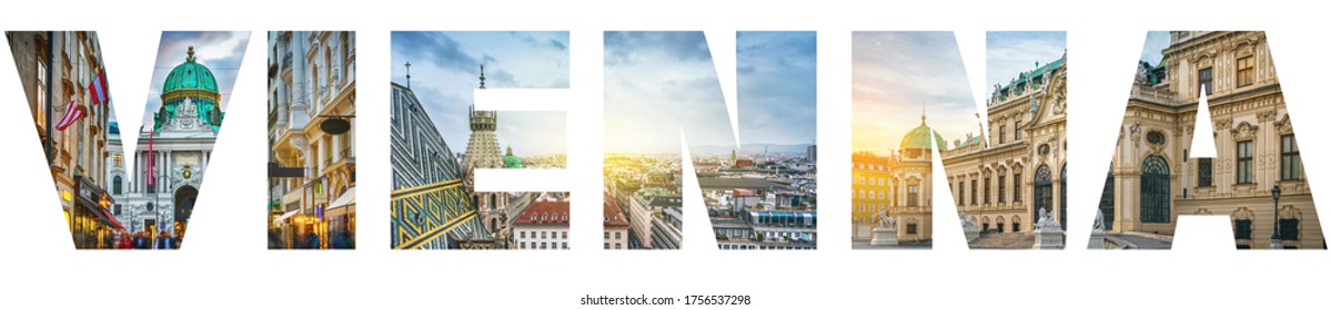 The inscription Vienna isolated on a white background. Design element for the theme of tourism, travel. Sights of Vienna, the capital of Austria.