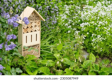 An insect hotel or bee hotel in a summer garden. An insect hotel is a manmade structure created to provide shelter for insects in a variety of shapes and sizes and materials. Image with copy space.