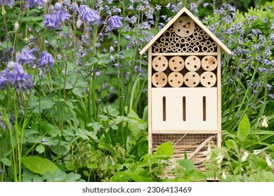 An insect hotel or bee hotel in a summer garden. An insect hotel is a manmade structure created to provide shelter for insects in a variety of shapes and sizes and materials. Image with copy space.
