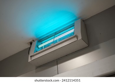 An insect or mosquito elimination device during turn-on the UV lighting which is installed on ceiling wall, the household electric equipment object. Close-up.