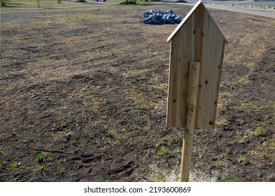 Insect Nest House Located In The Park On The Meadow. It Contains Porous Natural Materials Into Which Insects Can Lay Eggs And Pupae. On The Side Is A Watering Hole For Bees For Water Shape Of Plate