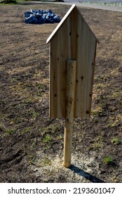 Insect Nest House Located In The Park On The Meadow. It Contains Porous Natural Materials Into Which Insects Can Lay Eggs And Pupae. On The Side Is A Watering Hole For Bees For Water Shape Of Plate