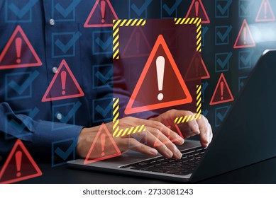 Insecure configuration and security misconfiguration. Outdated risky software and unencrypted data transmission. Businessman using laptop computer in violation of security compliance.