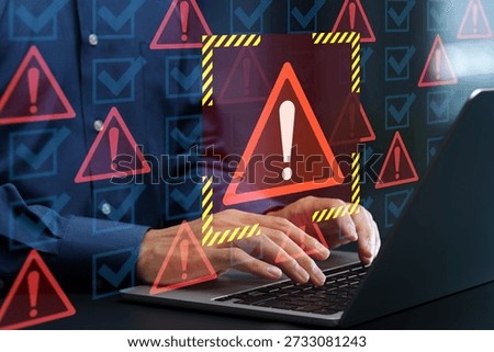 Insecure configuration and security misconfiguration. Outdated risky software and unencrypted data transmission. Businessman using laptop computer in violation of security compliance.