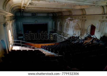 A inside an abandoned and historic theater in the South Side Slopes of Pittsburgh, Pennsylvania.