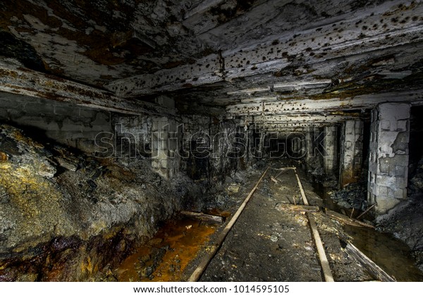 Inside the abandoned Mathies coal mine in western\
Pennsylvania. Closed in 1992, two mine car tracks enter into a\
darkened cavern.