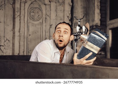 Inside an aged and dimly lit space, a man displays a mix of shock and fascination while clutching a strange object in a bathtub.