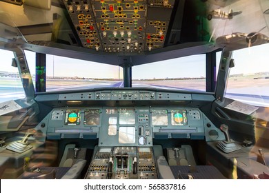 Inside airplane pilot cabin.