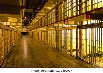 Inside Alcatraz prison by night California, United States - October, 2018 , San Francisco historical landmark