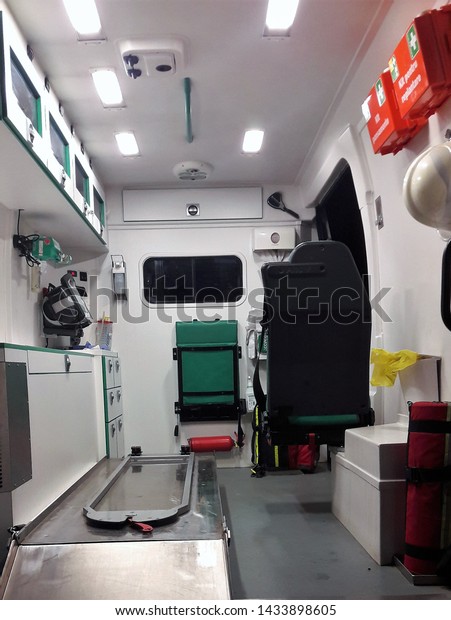 inside an ambulance with lit light in Targu\
Mures city - Romania\
17.Jun.2019