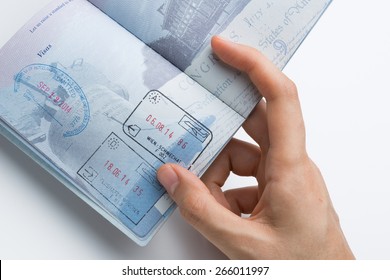 Inside of American Passport with Departure/Arrival Stamps - Shutterstock ID 266011997