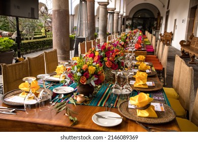 Inside A Baroque Church With Decor Of Tables And Flower Decoration On A Main Event.