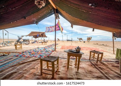 Inside Of Bedoiun Temporary Stretch Tent On Agafay Desert, Morocco