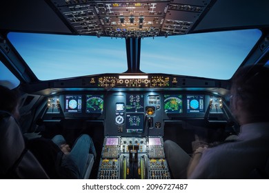 inside a big jet flying plane cockpit,flying above clouds - Powered by Shutterstock