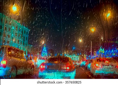 Inside The Car - Night Rain And Town Lights