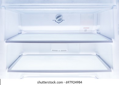 Inside Of Clean And Empty Refrigerator With Shelves, Good Background For Health Or Diet Concept