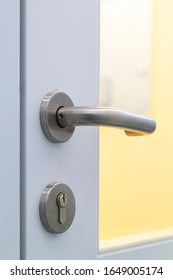 Inside The Cleanroom.The Steel Door Handle Inside White Sterile Cleanroom.