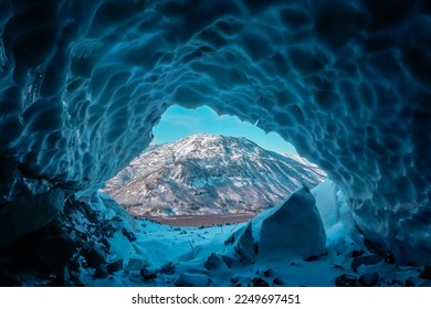 Inside a cold ice cave in Kamchatka peninsula in Russia