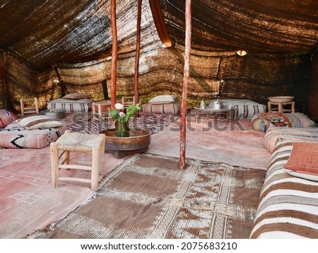 Inside of colorful Bedouin tent in Marrakech, Morocco.