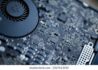 inside computer with circuit boad, technology parts, closeup, macro