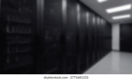 Inside a dark server room, rows of data storage equipment are visible. The image shows a modern data center with servers and network infrastructure.