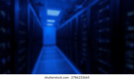 Inside a data center server room, rows of server racks are illuminated by blue lighting, creating a futuristic atmosphere. The image showcases technology and data storage.