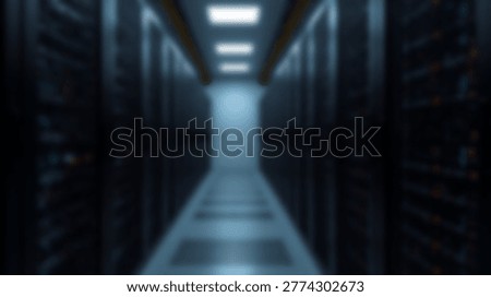 Inside a data center server room, rows of server racks are visible, housing numerous servers. The image captures the technology and infrastructure of data storage and processing.