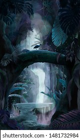 Inside A Deep Mystical Jungle Canyon At Night, Can Be Used As Background, Wallpaper