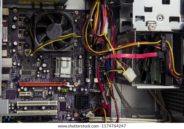 Inside Desktop Computer Cabinet Showing Motherboard Stock Photo