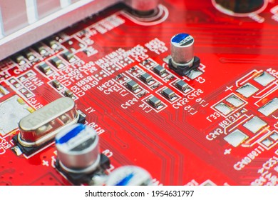 Inside details of the personal computer. Microcircuit, close up. Macro photo.