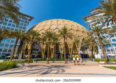 Inside Expo 2020. View of Al Wasl Dome and palm trees. 
Dubai, UAE - October, 2021