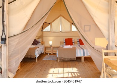 The Inside Of A Glamping Tent. Luxury Tent Inside.