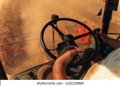 Inside The Harvester, Farmer Driving Combine.