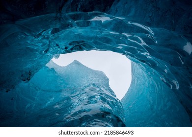 Inside Icelandic glacier with blu ice creating strange shapes