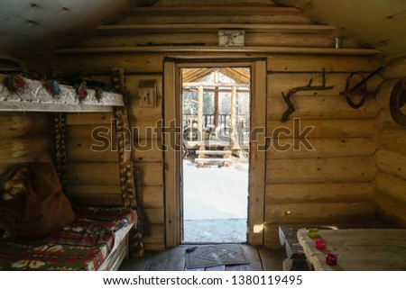 inside and interiors of the wooden cottage in jungle
