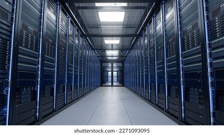 Inside Large Data Center. Advanced Cloud Computing Concept. Corridor with Server Racks and Cabinets full of Hard Drives