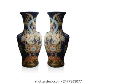 inside left, front view large two ceramic vase, black and blue vases on white background, decor, retro, vintage, ancient, copy space    