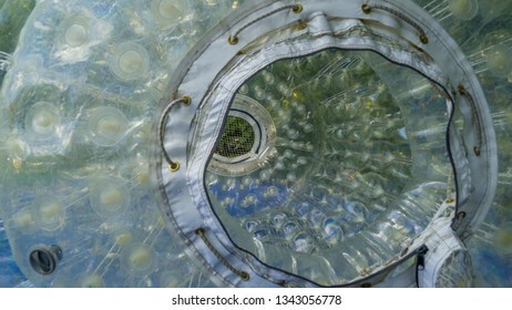 Inside look of the zorb ball with the bubbles-like inflatable wall of the zorb