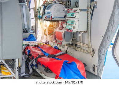 Inside Of Medical Helicopter With Emergency Life Support Equipment.