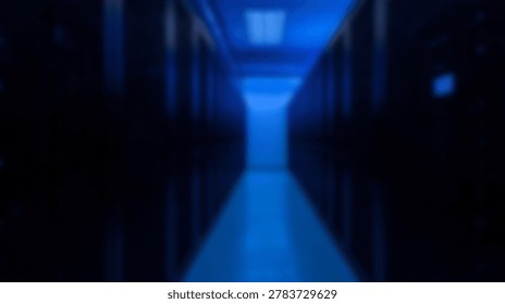 Inside a modern data center, rows of servers are neatly arranged. The server room is well-lit with a blue hue, showcasing advanced technology and data storage.