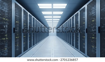 Inside a modern data center, rows of rack servers and network equipment are visible. This represents the backbone of cloud computing and data storage infrastructure.